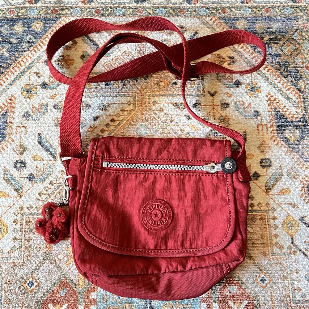 Kipling Dark‎ Red 6x8" Nylon Zip Crossbody Shoulder Bag with Monkey Keychain